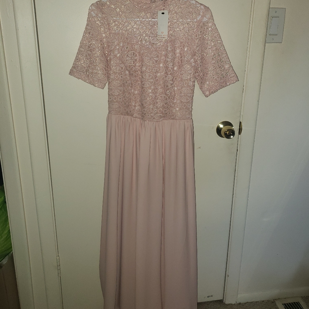 Maxi Blush Bridesmaids Dress with Short Sleeves